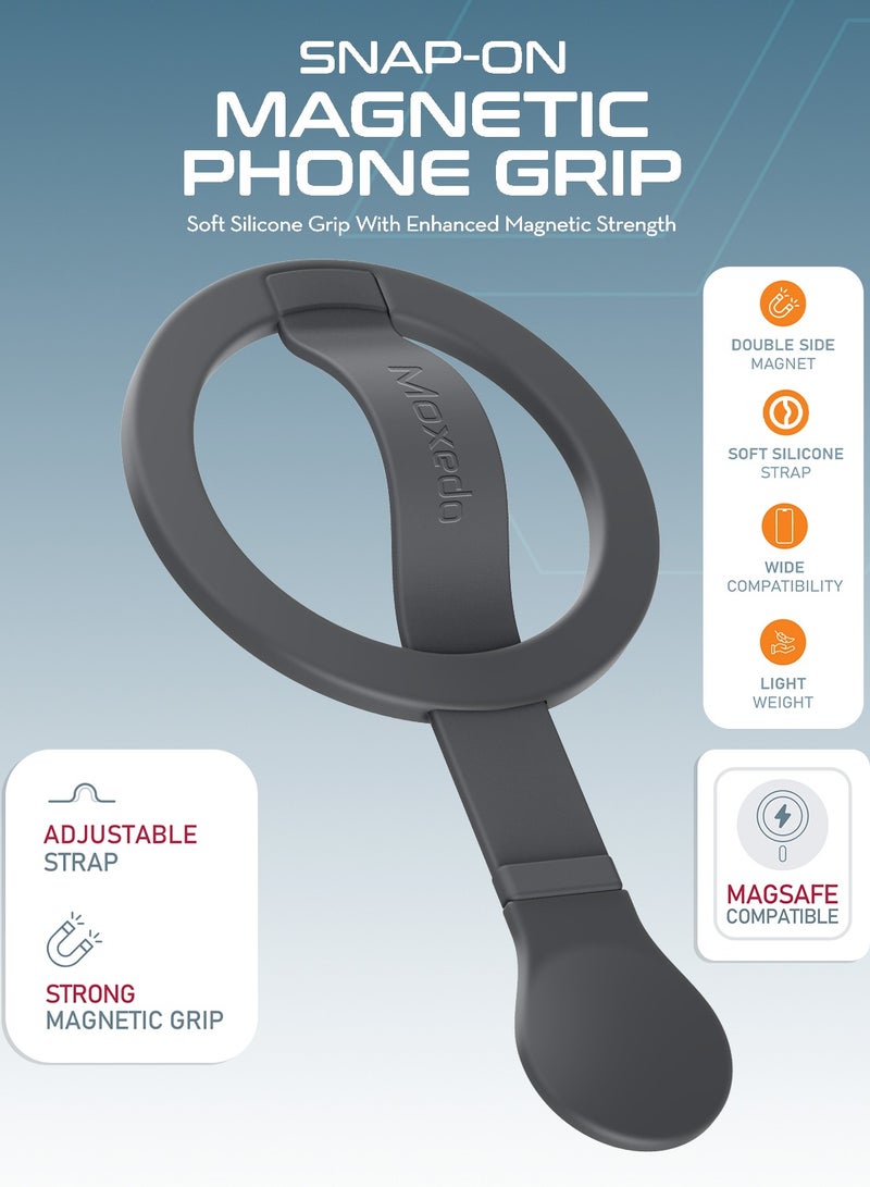 Moxedo Snap-On Magnetic Phone Grip Soft Silicone Grip Adjustable Strap with Double Sided Magnetic Design Compatible for iPhone 16 15 Pro Max Plus 14 13 12 and All Phones- Titanium Grey - Image 2