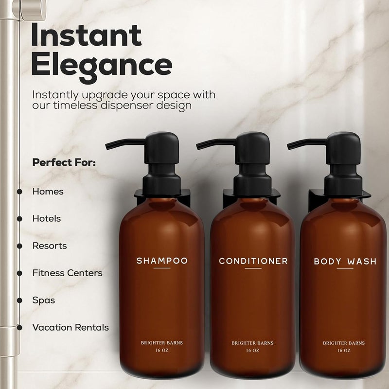 Brighter Barns Amber Shampoo and Conditioner Dispenser Set Wall Mounted by - Plastic Shower Dispenser Set - 3 Chamber Drill Free Shampoo Bottles - Modern Bathroom Decor for Guest Bathroom, Spa (Amber) - Image 2