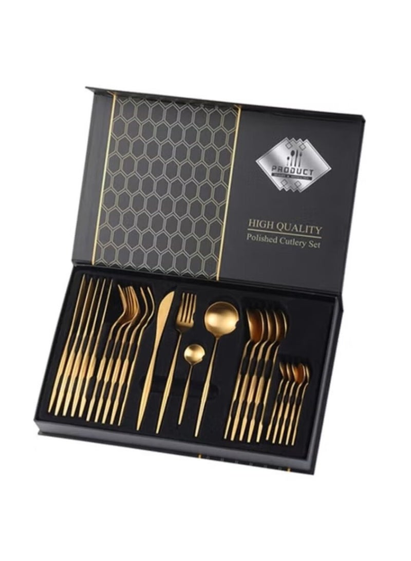 Golden Spoon Set, 24 Pieces in Premium Carton Box, Premium Quality AR - Silverware Set Stainless Steel Cutlery: 24 Piece Dinnerware Utensils Dinner Forks Spoons Steak Knife Service 6 - 24 Piece Spoon Set - 6 Person Cutlery Set, 24 Piece Cutlery Set Black Gold Matt, Dinner Set with Knife Fork Spoon, Stainless Steel Cutlery Set, Dishwasher Safe - Image 1