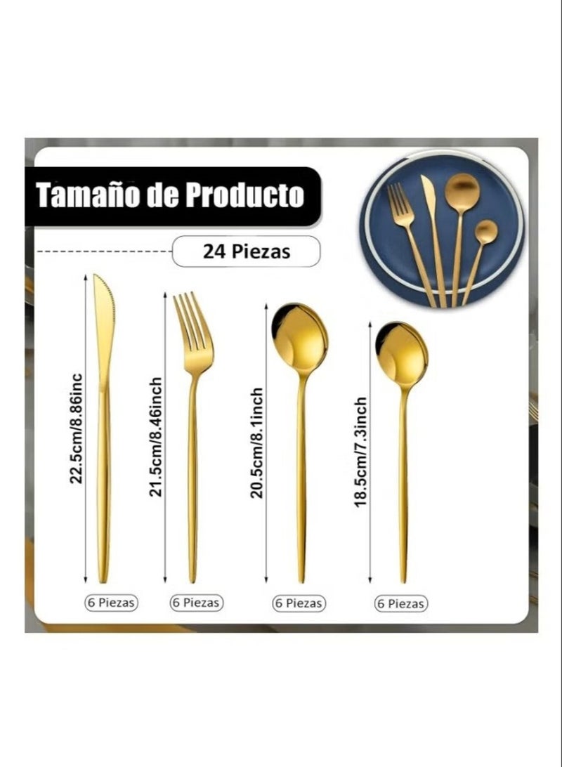 Golden Spoon Set, 24 Pieces in Premium Carton Box, Premium Quality AR - Silverware Set Stainless Steel Cutlery: 24 Piece Dinnerware Utensils Dinner Forks Spoons Steak Knife Service 6 - 24 Piece Spoon Set - 6 Person Cutlery Set, 24 Piece Cutlery Set Black Gold Matt, Dinner Set with Knife Fork Spoon, Stainless Steel Cutlery Set, Dishwasher Safe - Image 3
