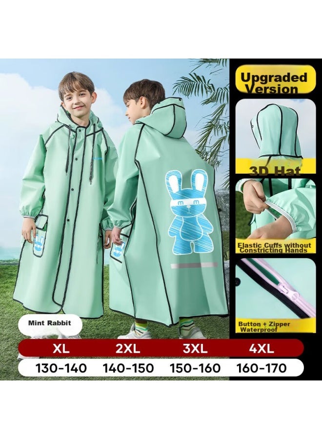 Moremerry Children's Raincoat For Boys And Girls With Backpack Space, Full-body Waterproof For Older Kids And Students, School Rain Poncho, Mint Rabbit, XL - Image 1
