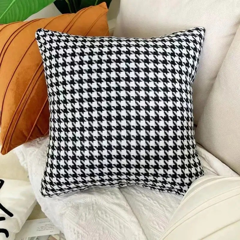 Nordic Solid Knit Pillowcase Cushion Decorative Throw Woven houndstooth pillowcase black and white 