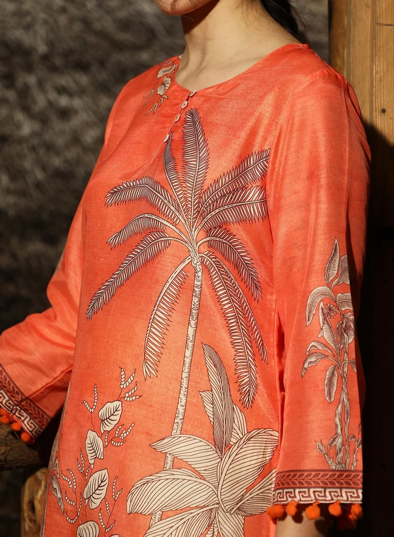 Qissa  Women's Pumpkin Orange Palm Foliage Kurti With Trousers for Women | Best Price UAE