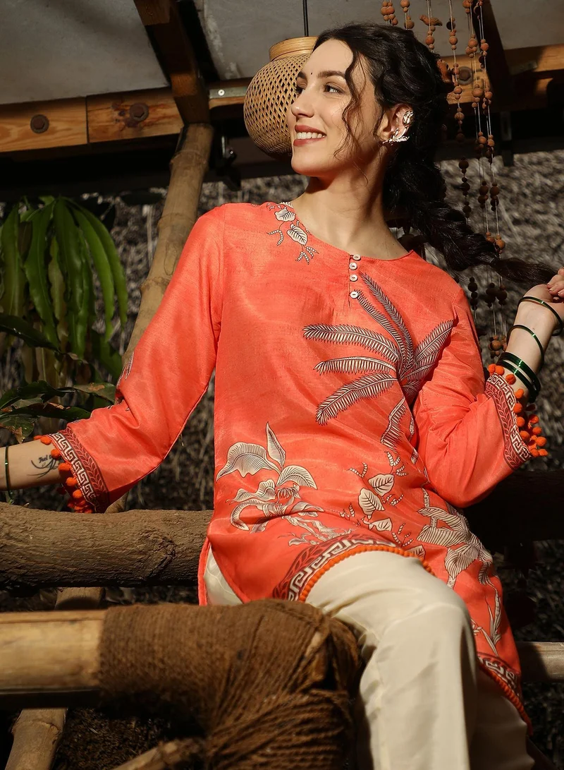 Qissa  Women's Pumpkin Orange Palm Foliage Kurti With Trousers for Women | Best Price UAE