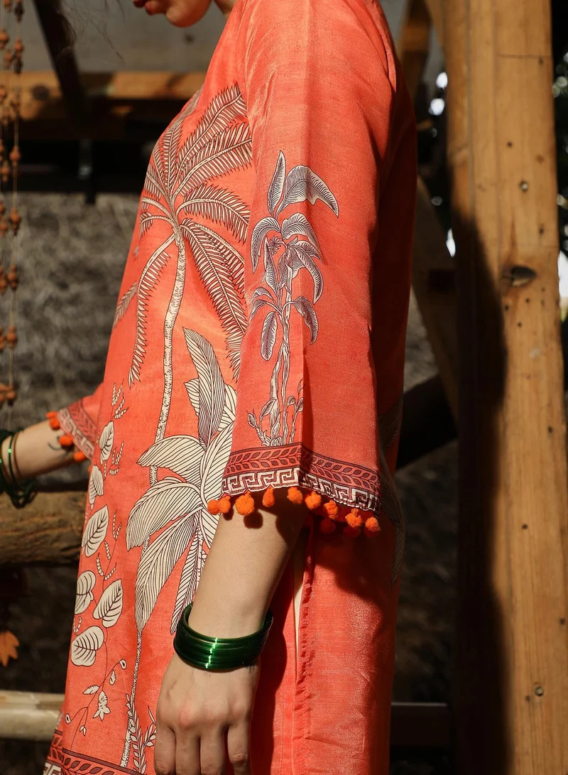 Qissa  Women's Pumpkin Orange Palm Foliage Kurti With Trousers for Women | Best Price UAE