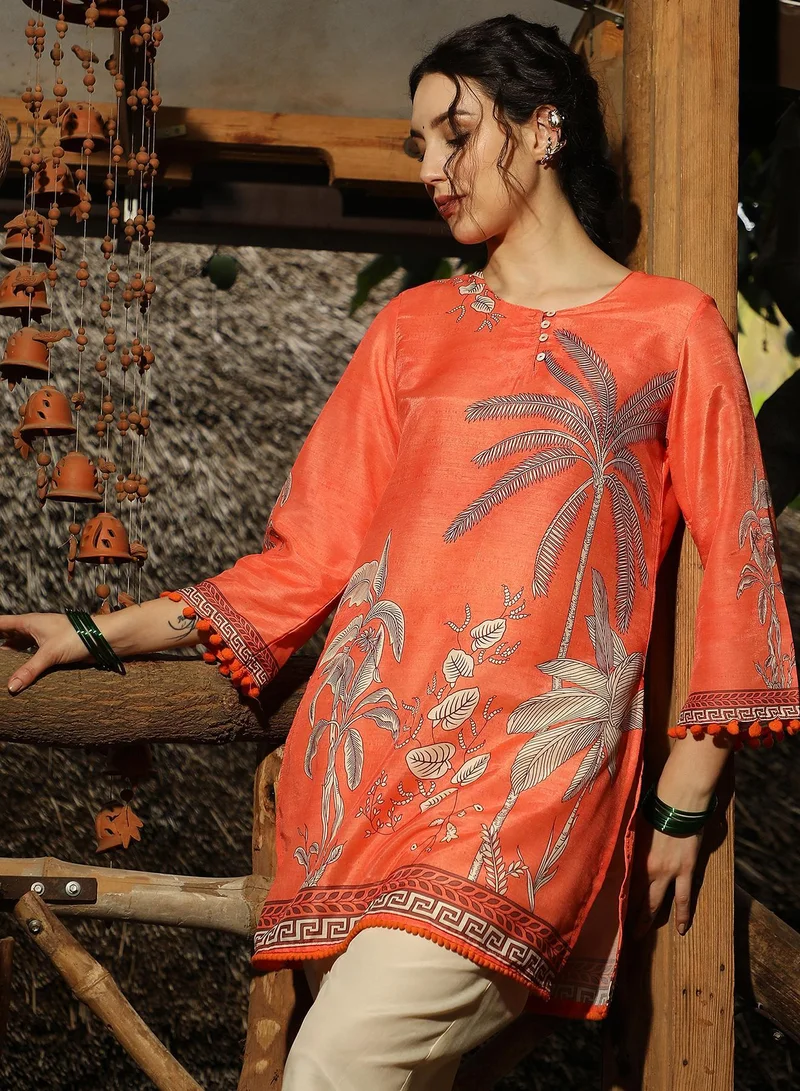 Qissa  Women's Pumpkin Orange Palm Foliage Kurti With Trousers for Women | Best Price UAE