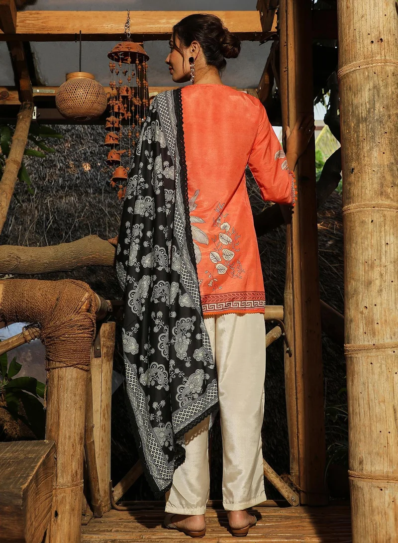 Qissa  Women's Pumpkin Orange Palm Foliage Kurti With Trousers for Women | Best Price UAE