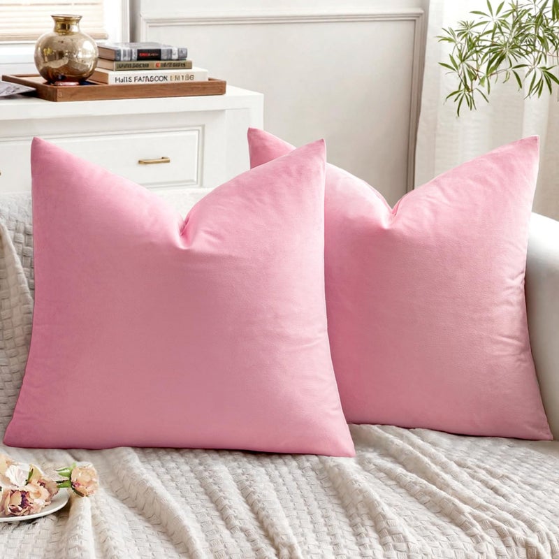 EMEMA Pack of 2 Velvet Throw Pillow Covers Decorative Square Pillowcase Soft Solid Cushion Case for Sofa Bedroom Chair Car 18x18 Inch Bright Pink - Image 1
