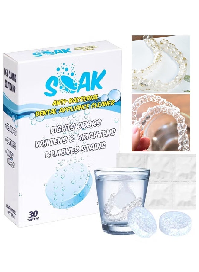 Soak 30 Denture Cleanser Tablets, Tablets Denture Cleaning Tablets For Overnight Dental, Prosthesis Fresh Brite And Stain-Free Retainer Cleaning Tablet Aligner Gum Shield Mouth Guard Denture Cleaners - Image 1
