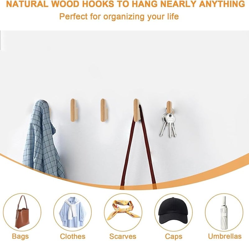 مجموعة خطاطيف حائط خشبية طبيعية بسيطة من 6 قطع مثبتة متينة للحمام غرفة النوم المدخل - Image 5