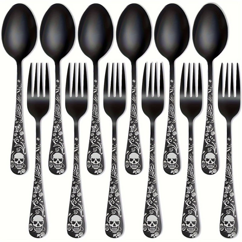 8 Piece Gothic Black Stainless Steel Skull Rose Flatware Set Silverware - Image 1