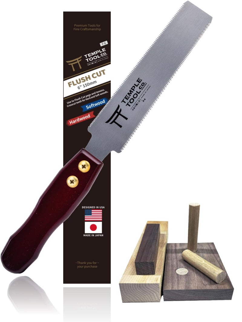 Temple Tool Co. Japanese Flush Cut Saw - 6 Inch Double Edge Pull Saw for Flush Cutting Dowels, Pegs, Wedges - Hardwood Softwood - Image 1