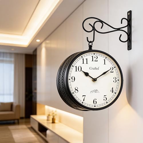 CRAFTEL Double Sided Station Wall Clock Powder Coated Finish | Both Side English Numerals | Aluminum Matte-Finish Dial Brass Body | Dial - 8 Inches, Matte Black | 365 Days Warranty - Image 2