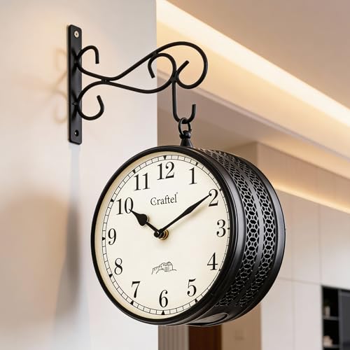 CRAFTEL Double Sided Station Wall Clock Powder Coated Finish | Both Side English Numerals | Aluminum Matte-Finish Dial Brass Body | Dial - 8 Inches, Matte Black | 365 Days Warranty - Image 1