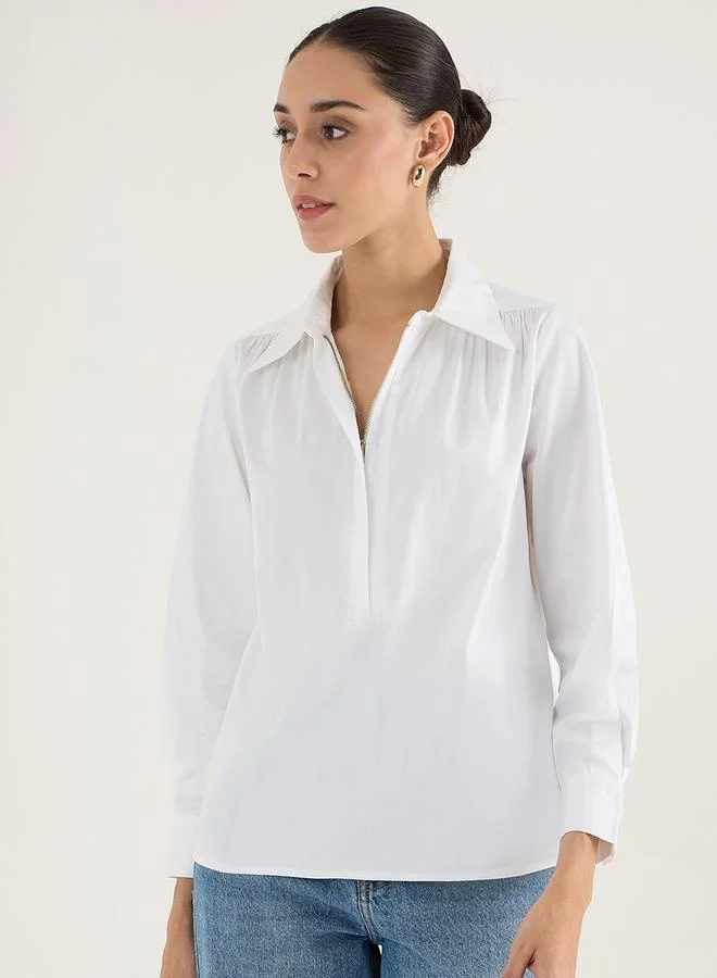 Femmella Femmella Solid Collared Cotton Top with Zipper Detail