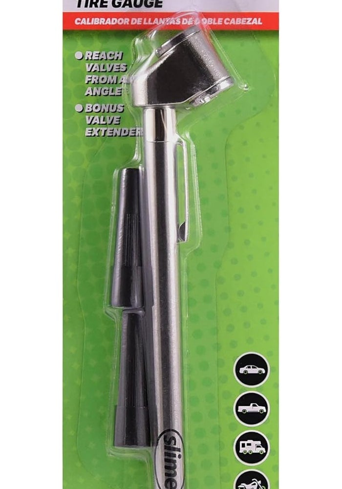 Slime مقياس ضغط الإطارات بقلم مزدوج الرأس من سلايم مع ملحقات صمامات إضافية، 10-120 PSI - Image 1