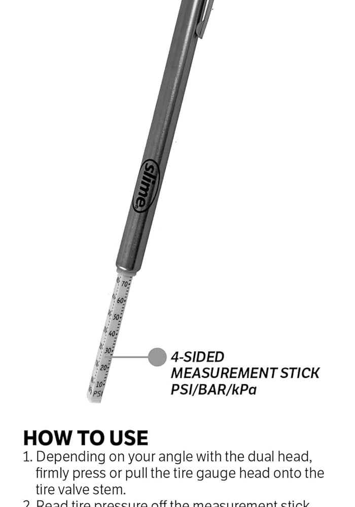 Slime مقياس ضغط الإطارات بقلم مزدوج الرأس من سلايم مع ملحقات صمامات إضافية، 10-120 PSI - Image 5