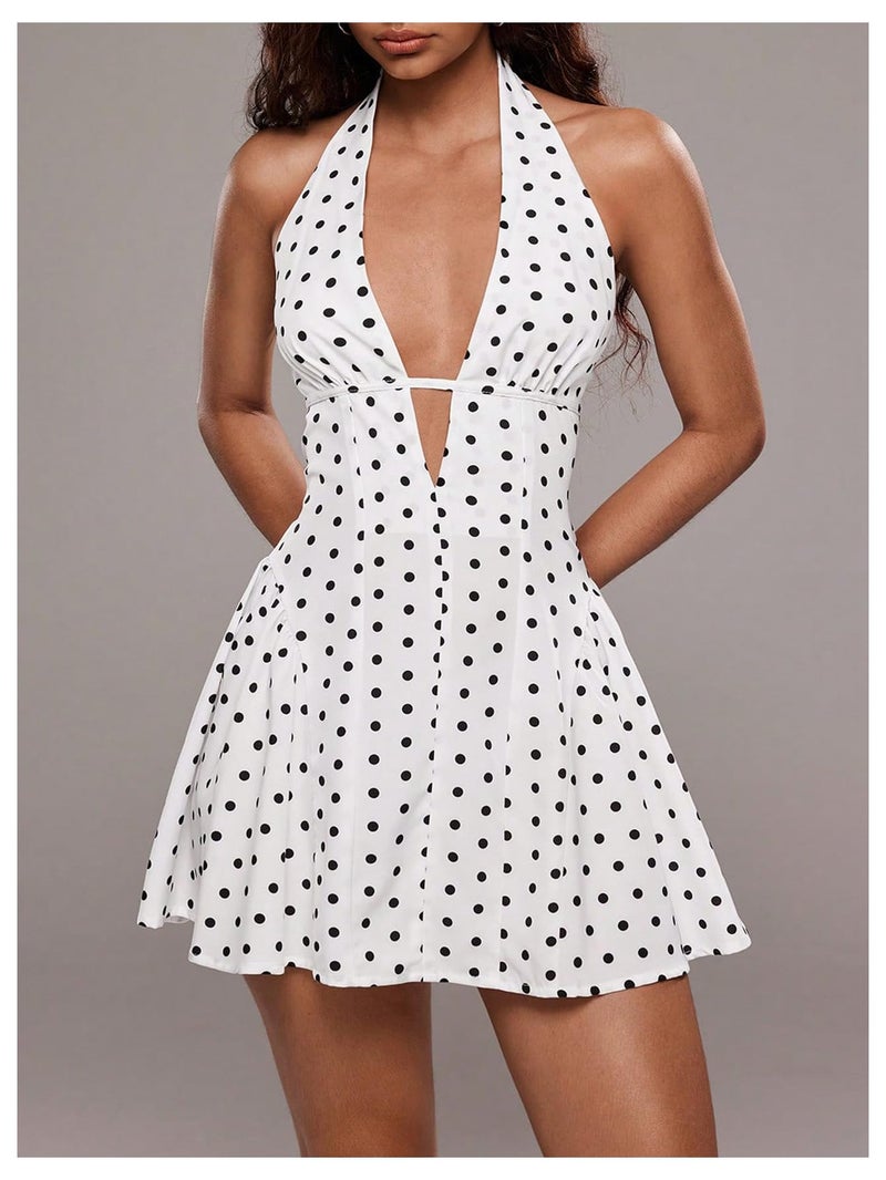 Floerns Women's Cute Vacation Vintage Polka Dots Deep V Neck Halter Dress Ruffle Backless Sleeveless A Line Mini Dresses White and Polka Dots X-Small - Image 4