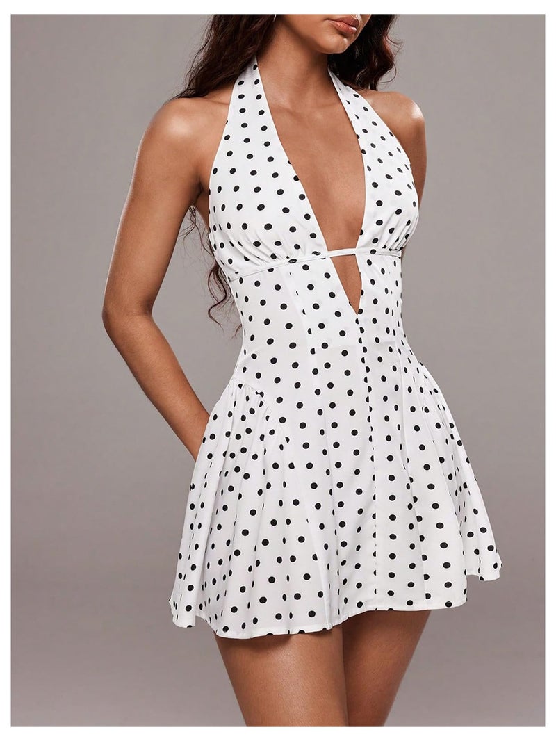 Floerns Women's Cute Vacation Vintage Polka Dots Deep V Neck Halter Dress Ruffle Backless Sleeveless A Line Mini Dresses White and Polka Dots X-Small - Image 2