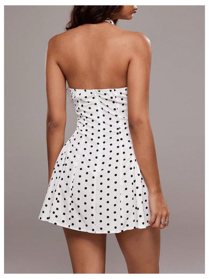 Floerns Women's Cute Vacation Vintage Polka Dots Deep V Neck Halter Dress Ruffle Backless Sleeveless A Line Mini Dresses White and Polka Dots X-Small - Image 3