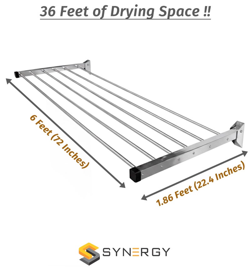 Synergy - 6 Pipes x 6 Feet - Heavy Duty Stainless Steel Wall Mounted Cloth Drying Stand | Cloth Hanging Stand | Clothes Drying Stand for Balcony | Foldable Cloth Hanger for Drying [SY-GL15] - Image 4