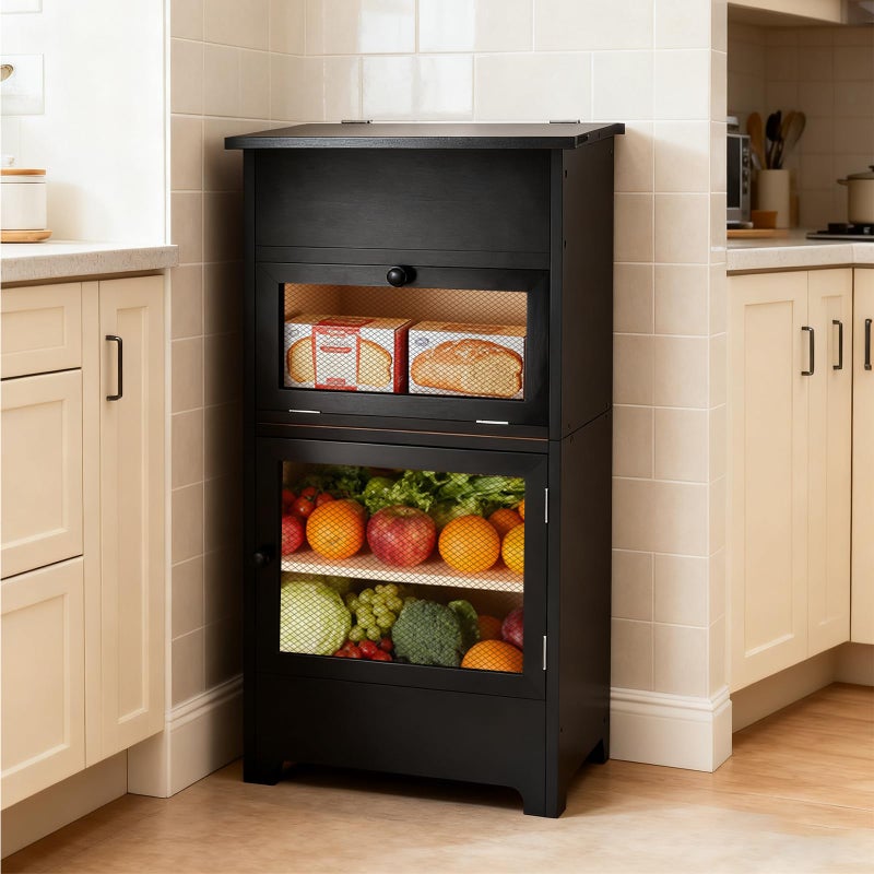 NewEle Large Potato and Onion Storage Bin - Wooden Stackable Bread Storage Box with Lid & Mesh Doors, Decorative Fruit and Vegetable Organization Cabinet for Kitchen, 15.75"W x 10.7"D x 33.5"H (Black) - Image 1