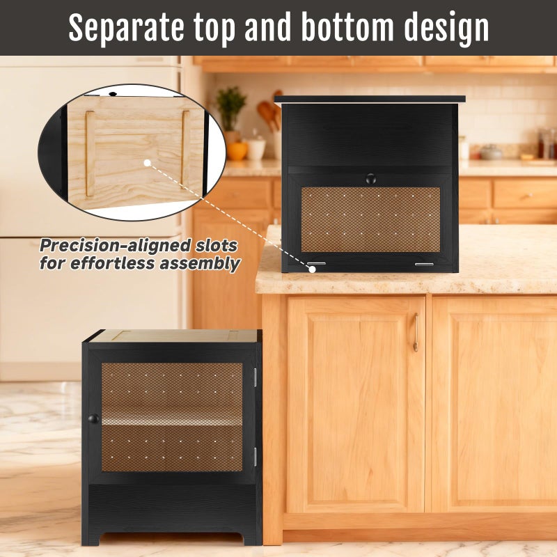 NewEle Large Potato and Onion Storage Bin - Wooden Stackable Bread Storage Box with Lid & Mesh Doors, Decorative Fruit and Vegetable Organization Cabinet for Kitchen, 15.75"W x 10.7"D x 33.5"H (Black) - Image 5