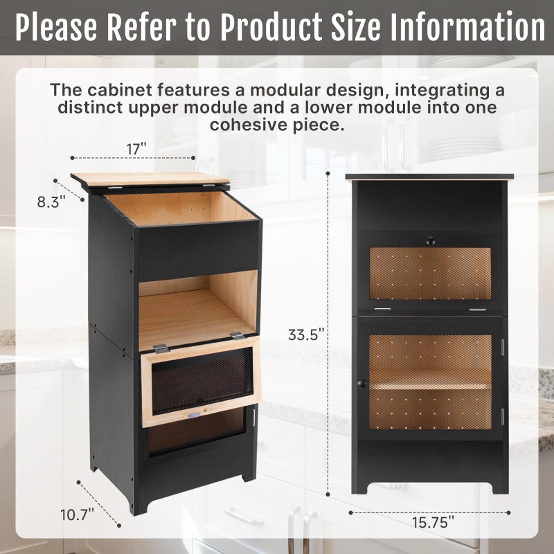 NewEle Large Potato and Onion Storage Bin - Wooden Stackable Bread Storage Box with Lid & Mesh Doors, Decorative Fruit and Vegetable Organization Cabinet for Kitchen, 15.75"W x 10.7"D x 33.5"H (Black) - Image 2