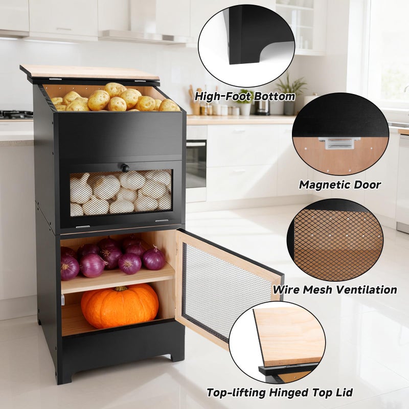 NewEle Large Potato and Onion Storage Bin - Wooden Stackable Bread Storage Box with Lid & Mesh Doors, Decorative Fruit and Vegetable Organization Cabinet for Kitchen, 15.75"W x 10.7"D x 33.5"H (Black) - Image 4