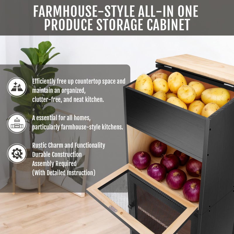 NewEle Large Potato and Onion Storage Bin - Wooden Stackable Bread Storage Box with Lid & Mesh Doors, Decorative Fruit and Vegetable Organization Cabinet for Kitchen, 15.75"W x 10.7"D x 33.5"H (Black) - Image 3