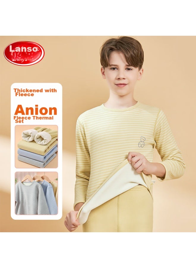 LANG SHA Langsha Children's Thermal Underwear Set, Boys' Autumn And Winter Yang Ion Fleece-lined Undershirt And Pants, Boys' Loungewear Pajama Set, Yellow-wide Stripes, 120 (recommended Height 110-120cm)  - Image 1