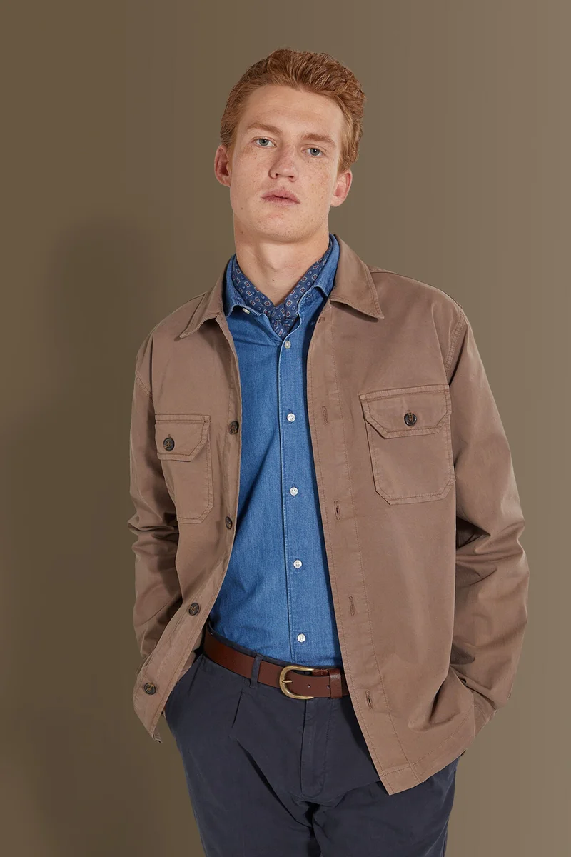 دوبل غانغر Chambray overshirt french collar - Beige