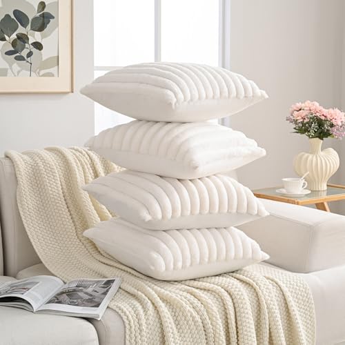 Volcanics Set of 4 Faux Fur Plush Decorative Throw Pillow Covers 20x20 Inch Luxury Striped Cushion Cases Soft Fluffy Accent Pillowcases for Sofa Couch and Bed Cream White - Image 3