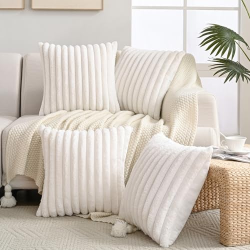 Volcanics Set of 4 Faux Fur Plush Decorative Throw Pillow Covers 20x20 Inch Luxury Striped Cushion Cases Soft Fluffy Accent Pillowcases for Sofa Couch and Bed Cream White - Image 1