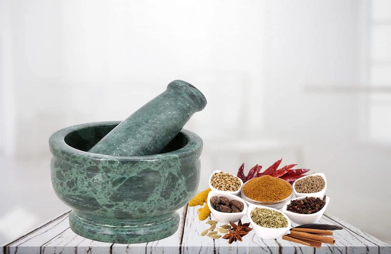 HeeMo, Green Marble Imam Dasta/Mortar and Pestle Set/Ohkli Musal/Kharal/Idi Kallu/Khal Musal/Khalbatta/Spice Grinder-4 Inches - Image 3