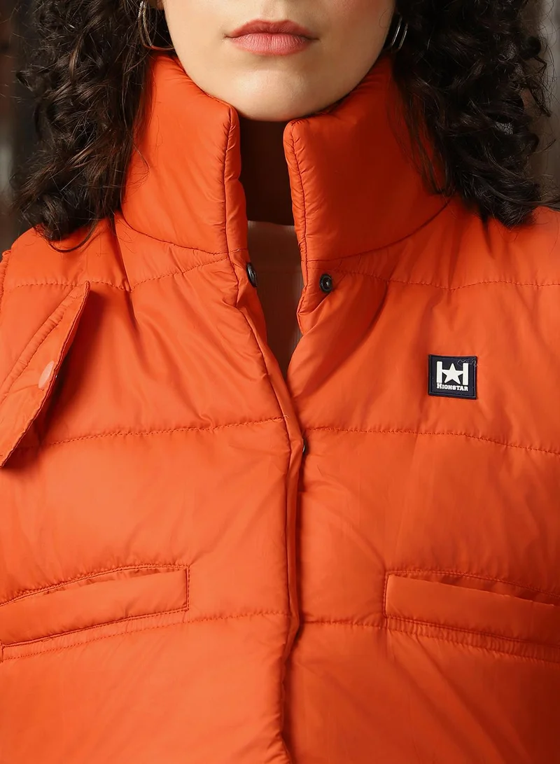HIGH STAR Women's Orange 100% Polyester Printed Regular Fit Jacket