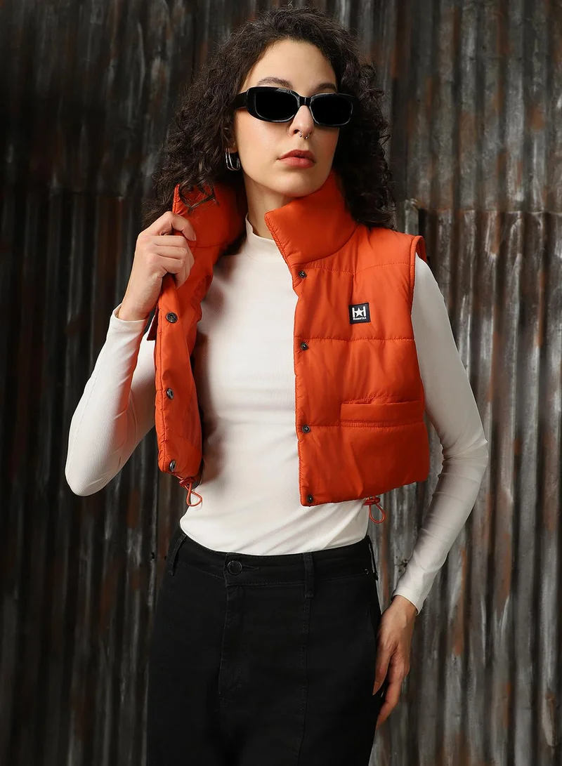 HIGH STAR Women's Orange 100% Polyester Printed Regular Fit Jacket