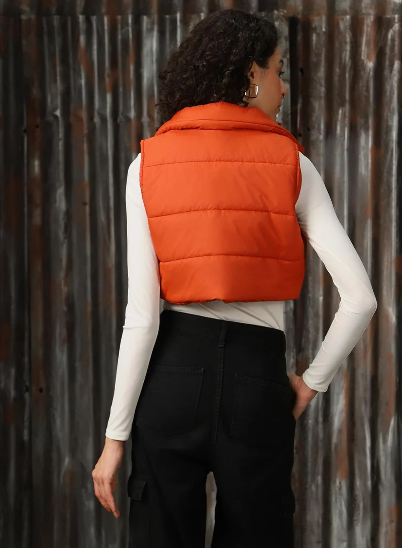 HIGH STAR Women's Orange 100% Polyester Printed Regular Fit Jacket