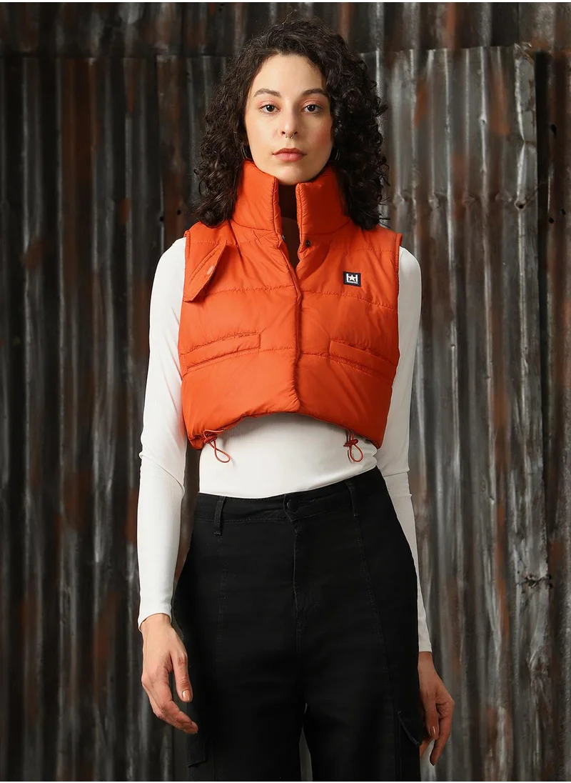 HIGH STAR Women's Orange 100% Polyester Printed Regular Fit Jacket
