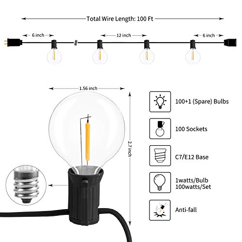 Brightown أضواء خيوط LED الخارجية Brightown بطول 100 قدم مقاومة للماء G40 مع 104 (4 إضافية) لمبات LED غير قابلة للكسر، ضوء كروي معلق لشرفة، مطعم، شرفة، ديكور حديقة، قاعدة E12، 2200K - Image 2