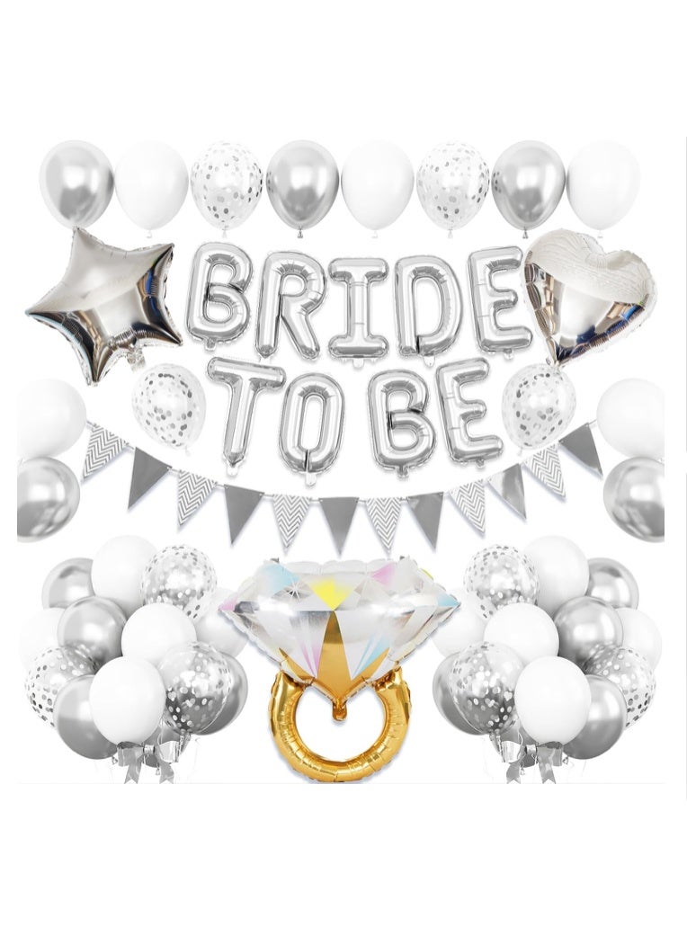 20pc Bachelorette Party Decorations Kit for Bride to Be, Bridal Shower Decorations, Engagement Party – Balloons, Flag banner (Silver with diamond ring)  - Image 1
