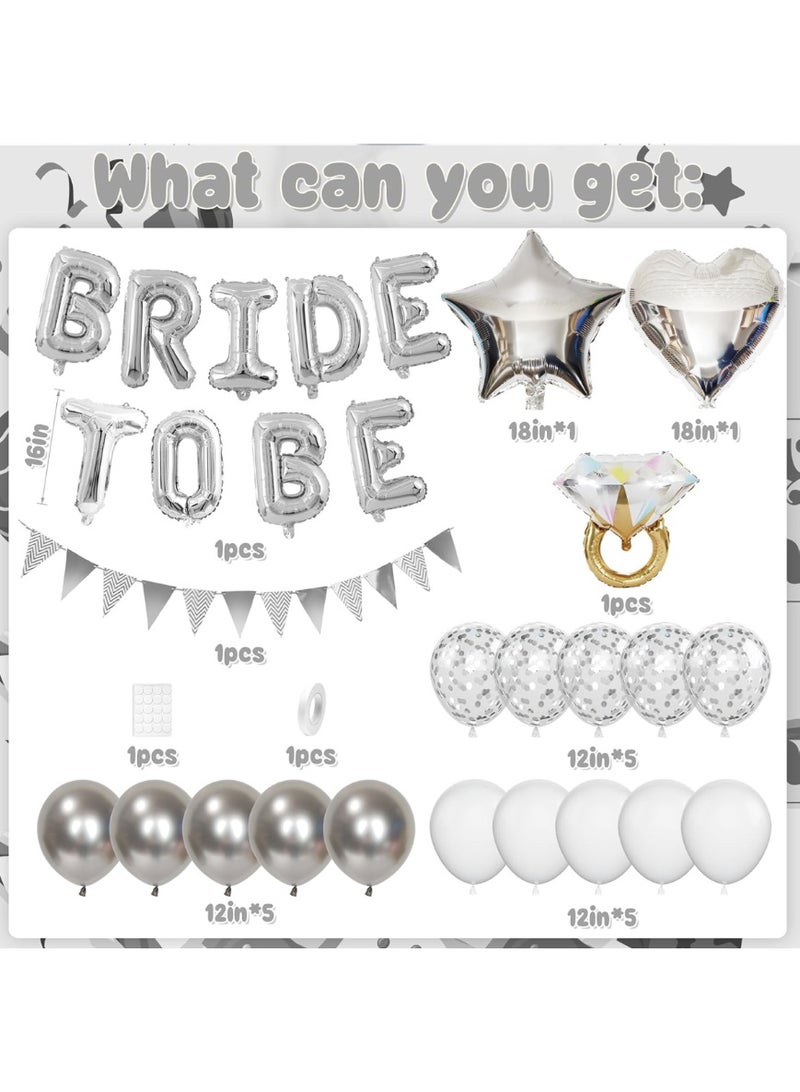 20pc Bachelorette Party Decorations Kit for Bride to Be, Bridal Shower Decorations, Engagement Party – Balloons, Flag banner (Silver with diamond ring)  - Image 2