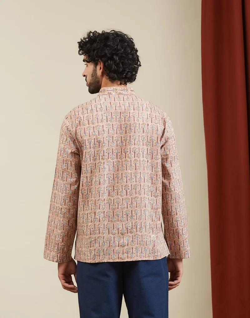 Fabindia  Rust-Yellow Cotton Hand Block Printed Mid Placket Shirt for Men | Best Price UAE