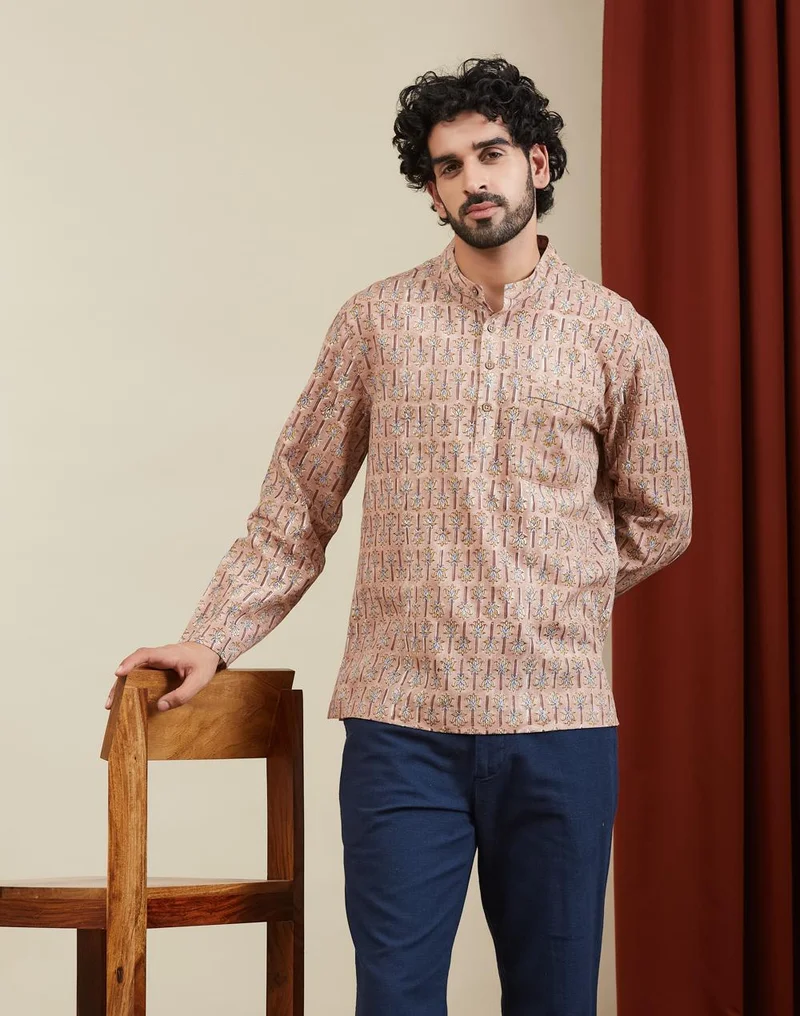 فاب انديا Rust-Yellow Cotton Hand Block Printed Mid Placket Shirt