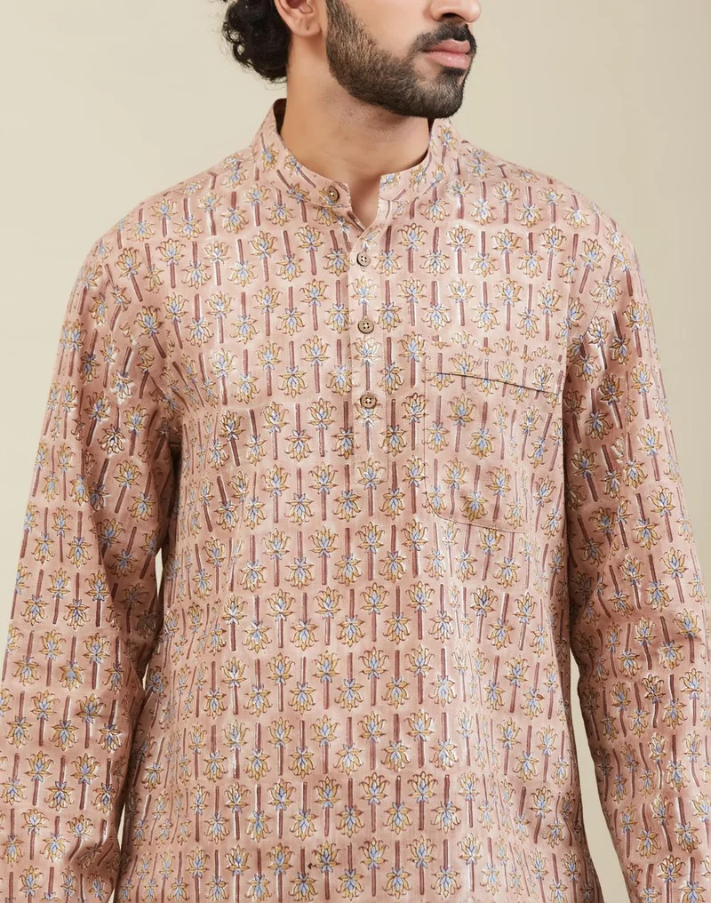 Fabindia  Rust-Yellow Cotton Hand Block Printed Mid Placket Shirt for Men | Best Price UAE