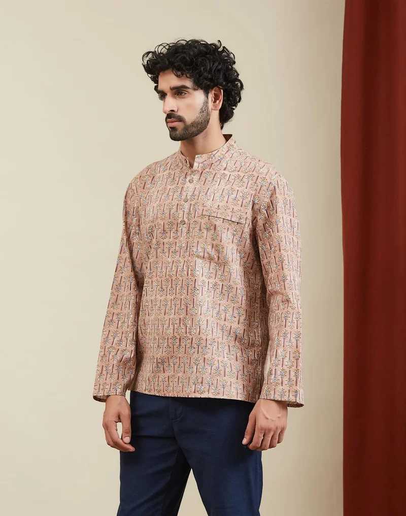 Fabindia  Rust-Yellow Cotton Hand Block Printed Mid Placket Shirt for Men | Best Price UAE