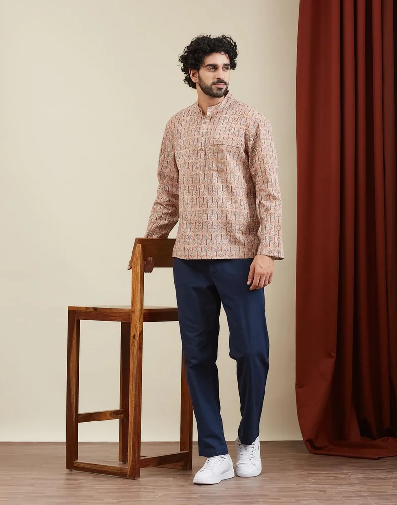 Fabindia  Rust-Yellow Cotton Hand Block Printed Mid Placket Shirt for Men | Best Price UAE