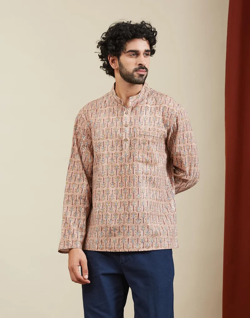 فاب انديا Rust-Yellow Cotton Hand Block Printed Mid Placket Shirt