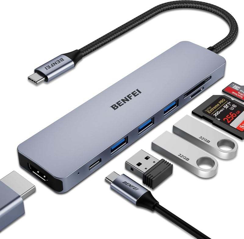 Benfei USB C HUB 7-in-1 with HDMI(4K@60Hz,Certified), 100W Power Delivery, 3*USB 3.0, SD/TF Card Reader(160MB/s) Compatible with iPhone 15 Pro/Max, MacBook, iPad Pro, iMac, S23, XPS17 - Image 1
