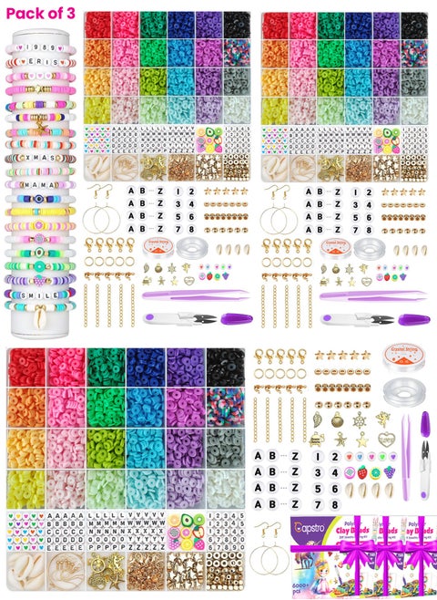 6000+ Clay Beads for Bracelet Making Kit - DIY Jewelry Set with Pendant Charms, Elastic Strings, 24 Colors Flat Preppy Beads for Bracelets, Necklace, Earrings - Pack of 3